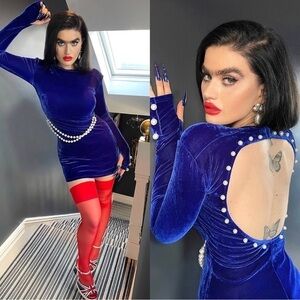 Labelrail x Sophia Hadjipanteli Velvet Pearl Button Mini Dress in Royal Blue